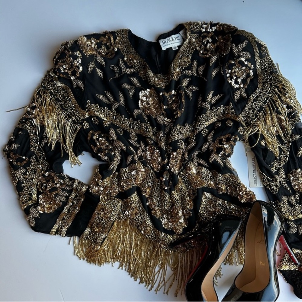 Black Tie Black and Gold Beaded Top